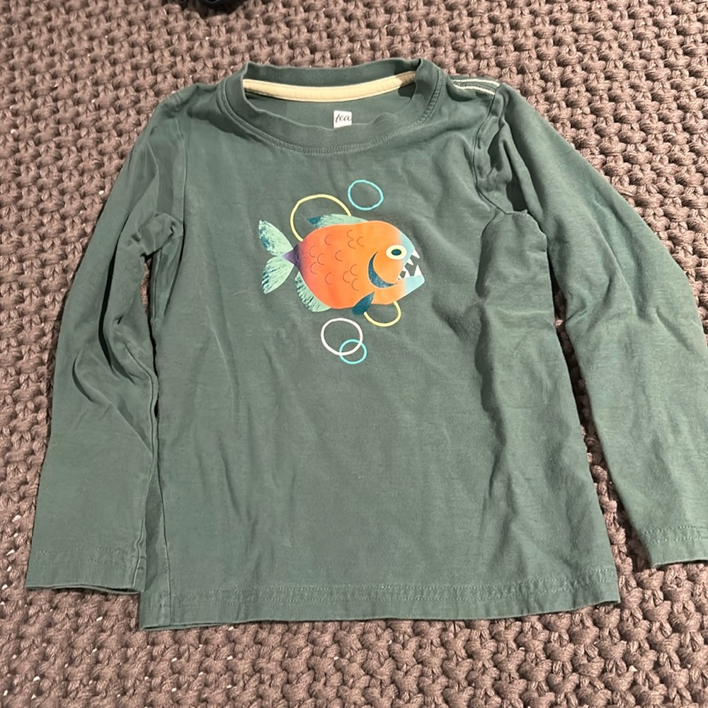 Organic tea collection green fish shirt- 4t long sleeve